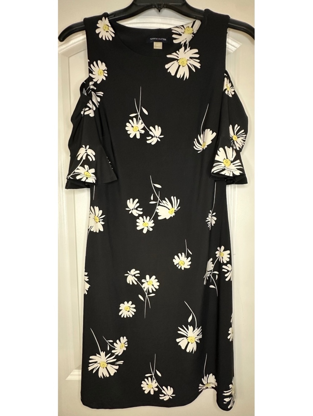 Tommy Hilfiger Black Floral Cold Shoulder Dress with White Daisy Print, Size 2